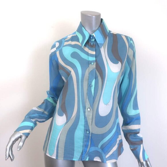 Emilio Pucci Marmo Print Shirt Blue Cotton Voile Size US 8 Long Sleeve Top - Picture 1 of 8